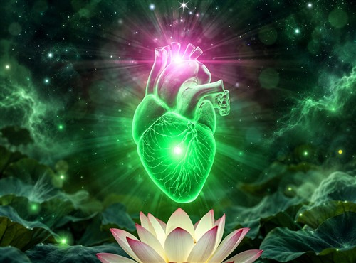 Corazón luminoso sobre una flor de loto